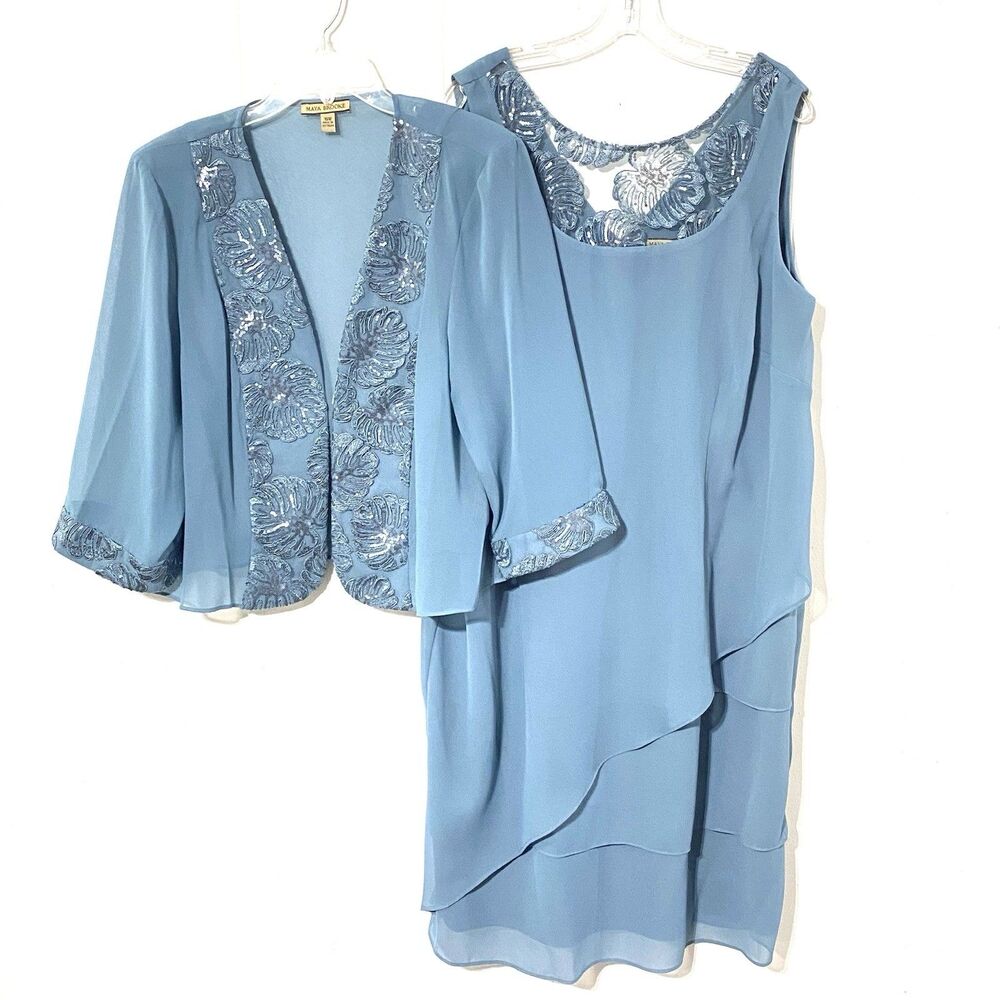 Maya Brooke 2-Piece Sheer 16W Dress Set Dusty Blue Sequined Tiered Jacket
